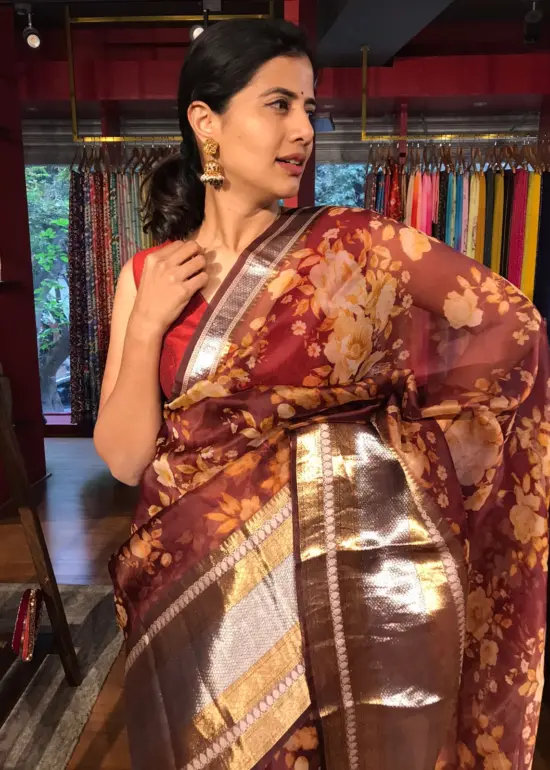 Maroon Organza Silk Saree with Kanchi Zari Border