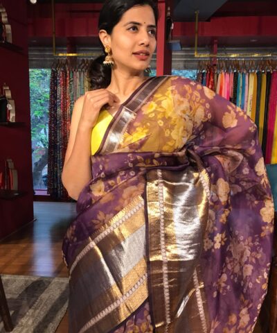 Dark Purple Organza Silk Saree with Kanchi Zari Border