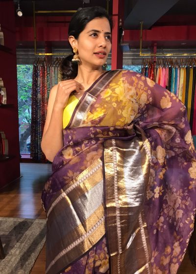 Dark Purple Organza Silk Saree with Kanchi Zari Border