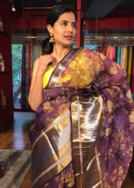 Dark Purple Organza Silk Saree with Kanchi Zari Border