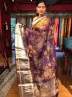 Dark Purple Organza Silk Saree with Kanchi Zari Border - Image 3