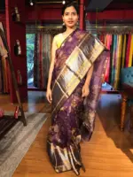 Dark Purple Organza Silk Saree with Kanchi Zari Border - Image 2