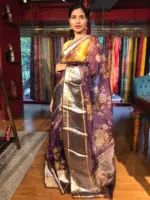 Dark Purple Organza Silk Saree with Kanchi Zari Border - Image 5