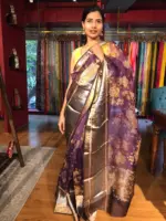 Dark Purple Organza Silk Saree with Kanchi Zari Border - Image 4