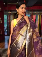 Dark Purple Organza Silk Saree with Kanchi Zari Border - Image 6