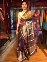 Dark Purple Organza Silk Saree with Kanchi Zari Border - Image 8