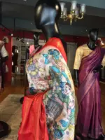 Ivory Banarasi Dupion Silk Saree highlighted with Kalamkari Prints and Silk Border - Image 3