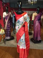 Ivory Banarasi Dupion Silk Saree highlighted with Kalamkari Prints and Silk Border - Image 2