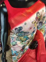 Ivory Banarasi Dupion Silk Saree highlighted with Kalamkari Prints and Silk Border - Image 4