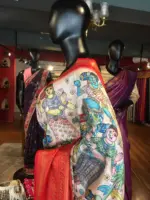 Ivory Banarasi Dupion Silk Saree highlighted with Kalamkari Prints and Silk Border - Image 5