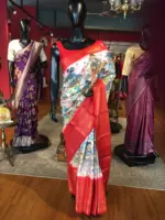 Ivory Banarasi Dupion Silk Saree highlighted with Kalamkari Prints and Silk Border - Image 7