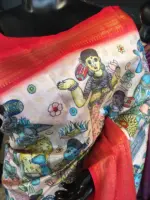 Ivory Banarasi Dupion Silk Saree highlighted with Kalamkari Prints and Silk Border - Image 6
