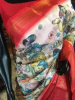 Ivory Banarasi Dupion Silk Saree highlighted with Kalamkari Prints and Silk Border - Image 8