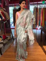 Blue Hand Embroidered and Hand painted Tissue Silk Saree highlighted with Scalloped Border - Image 3