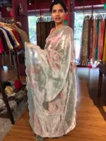Blue Hand Embroidered and Hand painted Tissue Silk Saree highlighted with Scalloped Border - Image 4