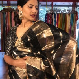 Black Tissue Silk Saree with Beautiful Gold Zari Weaves