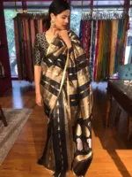Black Tissue Silk Saree with Beautiful Gold Zari Weaves - Image 3