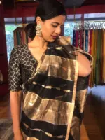 Black Tissue Silk Saree with Beautiful Gold Zari Weaves - Image 2