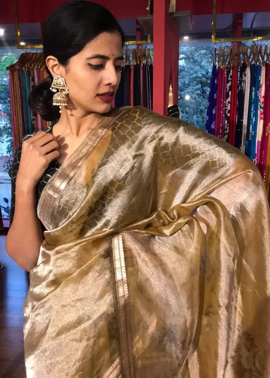 Yellow Printed Tissue Silk Saree