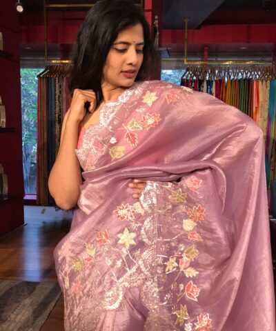 Lilac Crushed Tissue Silk Saree with Beautiful Embroidery