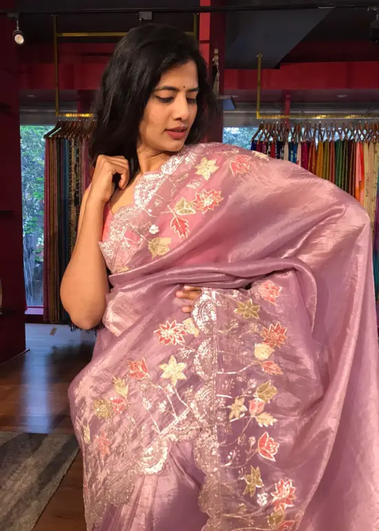 Lilac Crushed Tissue Silk Saree with Beautiful Embroidery