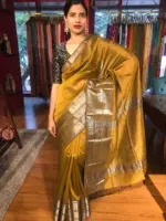 Mustard Yellow Mangalgiri silk saree with Kanchi silk border - Image 2