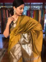 Mustard Yellow Mangalgiri silk saree with Kanchi silk border