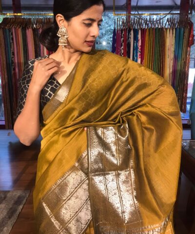 Mustard Yellow Mangalgiri silk saree with Kanchi silk border