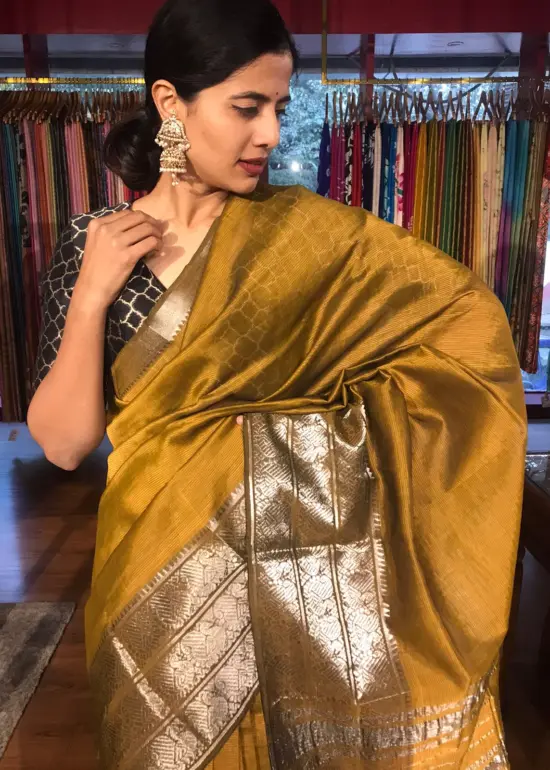 Mustard Yellow Mangalgiri silk saree with Kanchi silk border
