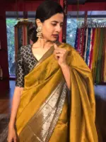Mustard Yellow Mangalgiri silk saree with Kanchi silk border - Image 4