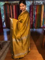 Mustard Yellow Mangalgiri silk saree with Kanchi silk border - Image 3