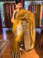 Mustard Yellow Mangalgiri silk saree with Kanchi silk border - Image 5