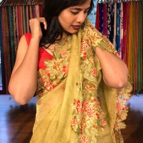 Green Crushed Tissue Silk Saree with Cutwork Embroidery