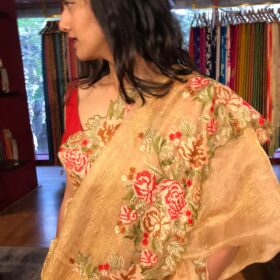 Ivory Crushed Tissue Silk Saree with Cutwork Embroider