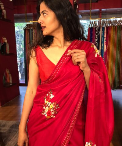 Red Embroidered Dola Silk Saree