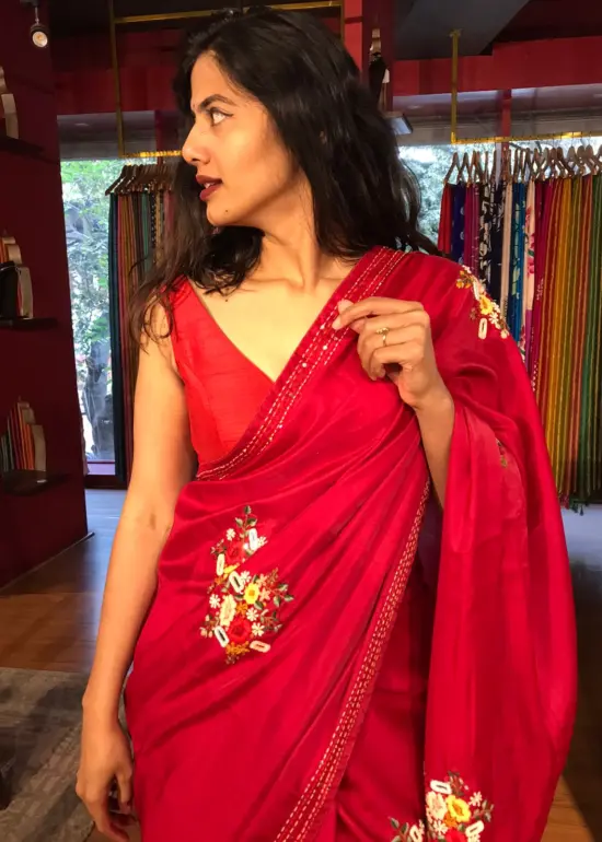 Red Embroidered Dola Silk Saree