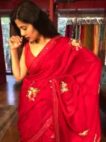 Red Embroidered Dola Silk Saree - Image 4