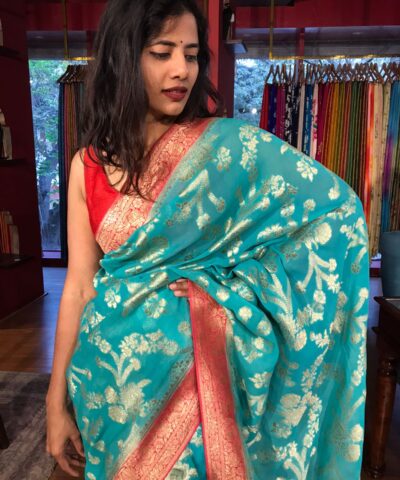 Teal Banarasi Georgette Saree with zari border