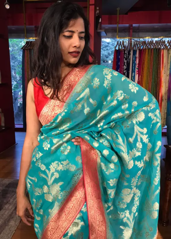Teal Banarasi Georgette Saree with zari border