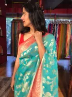 Teal Banarasi Georgette Saree with zari border - Image 3
