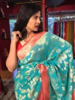 Teal Banarasi Georgette Saree with zari border - Image 6
