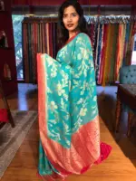 Teal Banarasi Georgette Saree with zari border - Image 5
