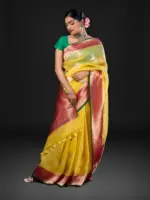 Yellow Handwoven Kora Organza Silk Saree