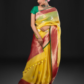 Yellow Handwoven Kora Organza Silk Saree
