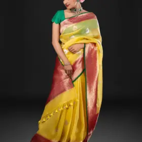 Yellow Handwoven Kora Organza Silk Saree