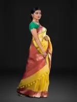 Yellow Handwoven Kora Organza Silk Saree - Image 3