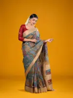Rama Green Hand Painted Pen Kalamkari Tussar Silk Saree - Image 4