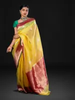 Yellow Handwoven Kora Organza Silk Saree - Image 2