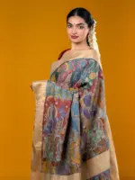 Rama Green Hand Painted Pen Kalamkari Tussar Silk Saree - Image 3