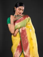 Yellow Handwoven Kora Organza Silk Saree - Image 5